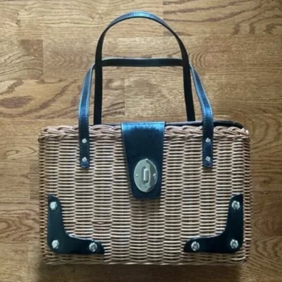 Kate Spade New York Handbag Wicker Basket Black Patent Leather Purse Tote Picnic - Picture 1 of 5